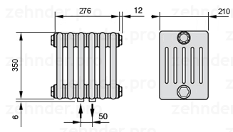 Схема (чертеж) Радиатор Zehnder Charleston 6035/6 №3470 Белый глянцевый RAL 9016